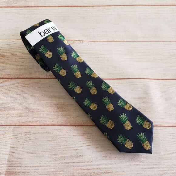 Bar III Pineapple Print Skinny Tie in Navy Blue Tiki Summer Novelty Silk - Picture 1 of 6